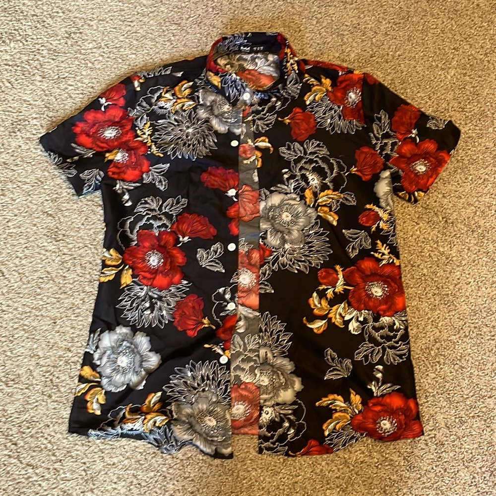 Floral button up shirt.